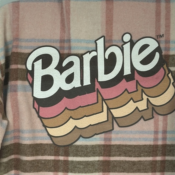 Mad Engine BARBIE Warm, Pink & Brown  Flannel Long Sleeve Button Down Shirt, M/L - Picture 7 of 10